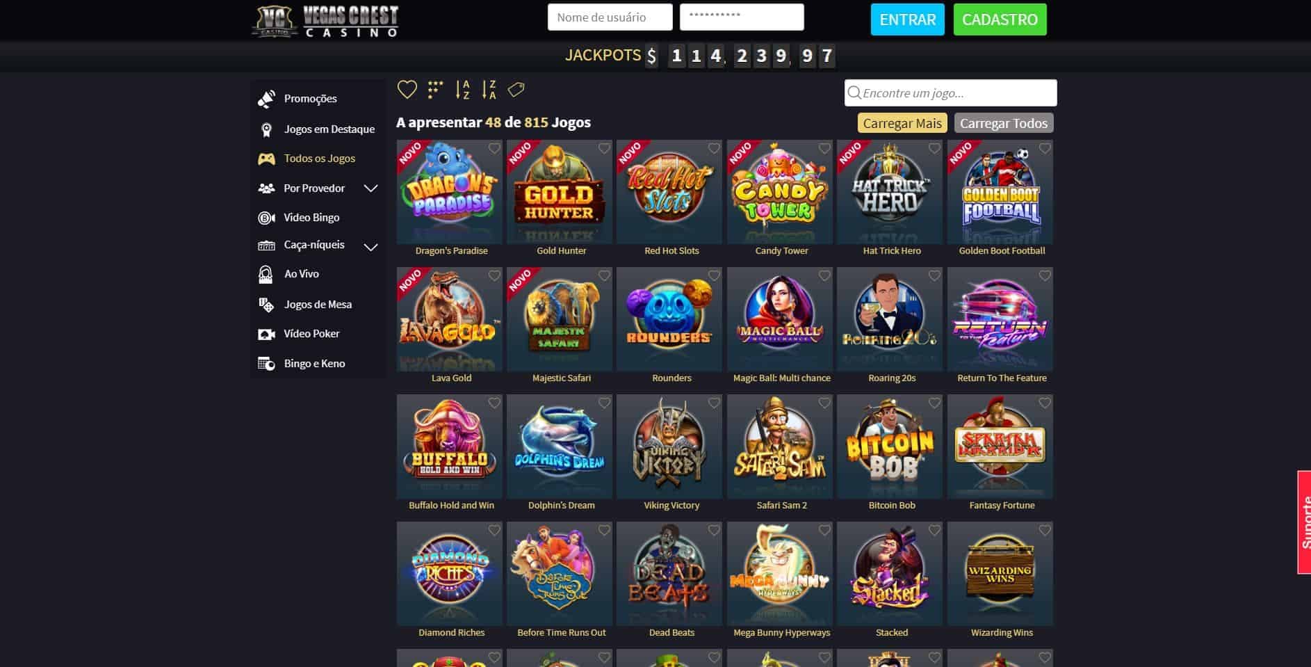 slots e caça-níqueis na Vegas Crest Casino