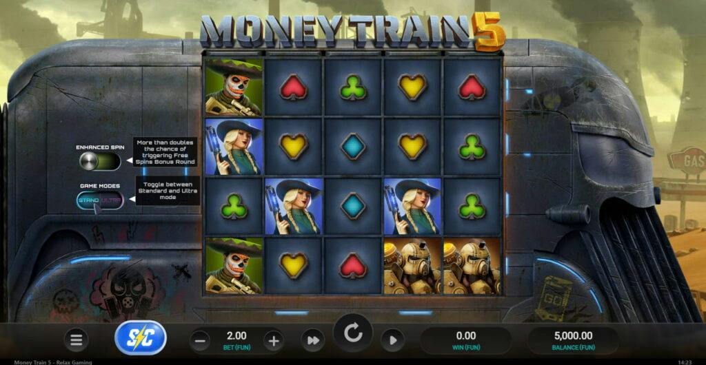 Grade de 5x4 montada sobre um trem blindado, com os botões de Enhanced Spin e modo de jogo à esquerda